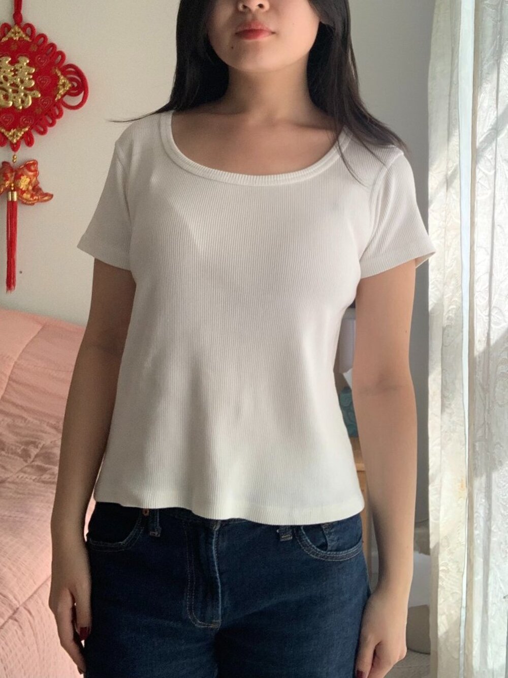 Y2K White Ribbed Cotton Scoop-Neck Shirt